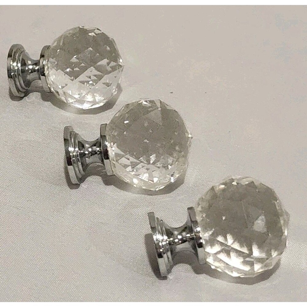 Crystal Glass Globe Drawer/Cabinet Pulls Set Of 3 Silvertone Base